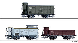 010-01053 - TT - 3-tlg. Güterwagenset mit gedecktem und offenem Güterwagen, Flüssiggaswagen, CES, DRG, BBÖ, Ep. 